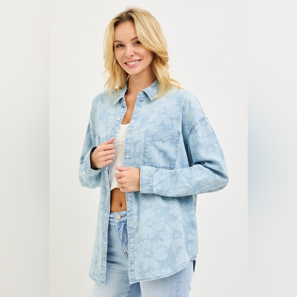 Floral Print Denim Button Down Shirt - Risen - Picture 3 of 6